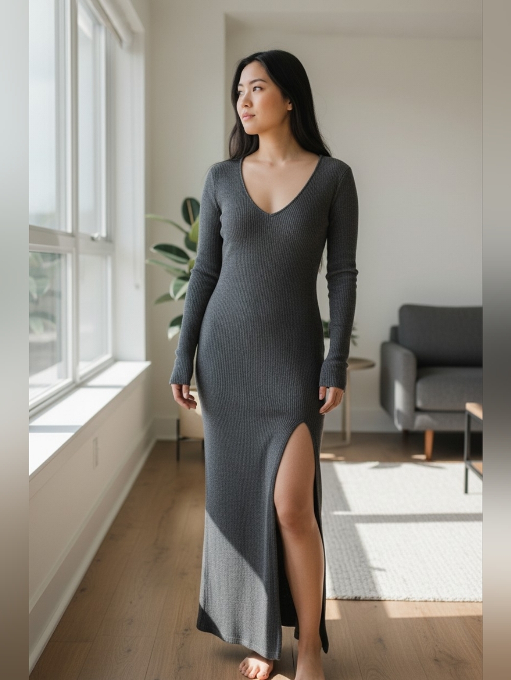 NWTs Fashion Nova Gray Long Sleeve Bodycon Sweater Dress, Floor Length, Size M